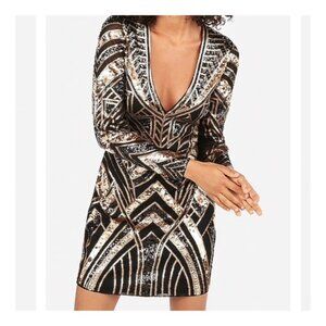 NWT Express Sexy Black and Gold Sequin Long Sleeved V Neck Dress Size Small